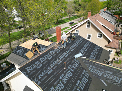 arial view of roof replacement being done