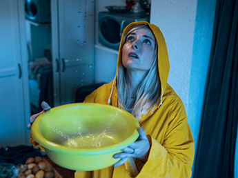 person in raincoat holding bucket to collect water from leaking ceiling